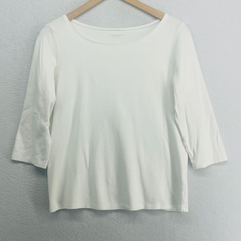 EILEEN FISHER Top M 100% Cotton Interlock Jersey Round Neck 3/4 Sleeve White